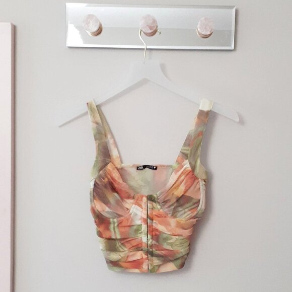 NWOT Zara multicoloured abstract printed tulle corset-inspired crop top, S - Picture 10 of 11